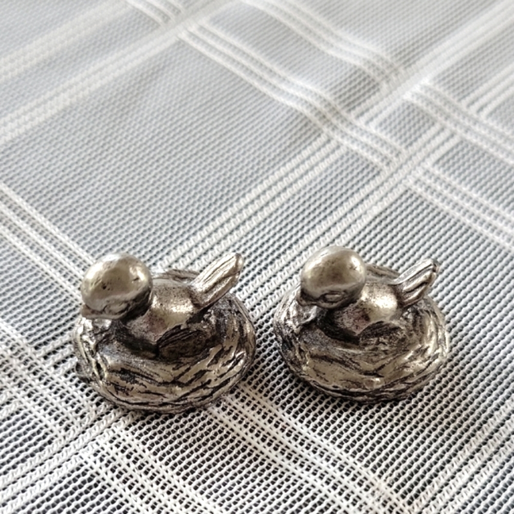 Silver Pewter Birds In Nest Figurines - 2